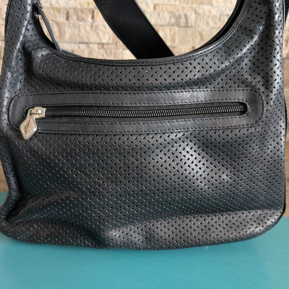 Vintage Made In Italy Perforated Genuine Leather Black Hobo Shoulder Bag Minimal image 8